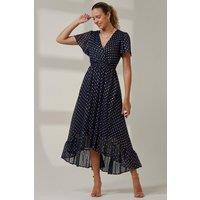 Jolie Moi Women's Metallic Effect Angel Sleeve Maxi Dress in Navy | Size: 12