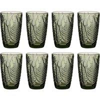 Dibor Set of 8 Luxury Green Leaf Spring Summer Embossed Tall Highball Drinking Glass Tumblers Wedding Gift 350ml | Size: 8 Pack