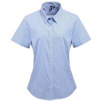Premier Women's Microcheck Short Sleeve Cotton Shirt in Light Blue | Size: 3XL