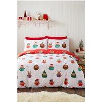 Catherine Lansfield 'Christmas Party Robins' Reversible Duvet Cover Set in White | Size: King