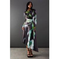 Printed Satin Knot Front Asymmetric Hem Midi Dress