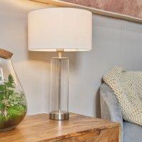 ValueLights Balan Glass & Brushed Chrome Table Lamp with Fabric Drum Lamp Shade in White