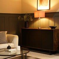 ValueLights Balan Glass & Brushed Chrome Table Lamp with Velvet Drum Lamp Shade & LED Bulb in Mid Grey