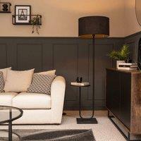 ValueLights Tavel Matte Black Marble Base Floor Lamp With Table & Large Black Shade