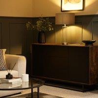 ValueLights Balan Glass & Brushed Chrome Table Lamp with Velvet Drum Lamp Shade in Bottle Green