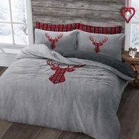 Velosso Stag Head Teddy Warm & Cosy Duvet Cover & Pillowcase Set in Silver | Size: Single
