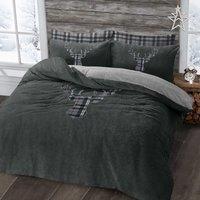 Velosso Stag Head Teddy Warm & Cosy Duvet Cover & Pillowcase Set in Charcoal | Size: Single