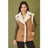 Yumi Women's Brown Sherpa Style Button Up Gilet | Size: 10