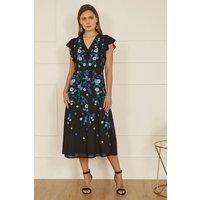 Yumi Women's Black All Over Floral Embroidery Midi Skater Dress | Size: 12