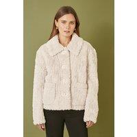 Yumi Women's Cream Luxe Textured Faux Fur Jacket With Pockets | Size: 16