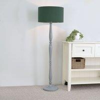 ValueLights Victoria Grey Wood Traditional Stem Floor Lamp with Fabric Drum Shade & LED Bulb in Green