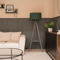 ValueLights Morrigan Grey Wood Tripod Floor Lamp with Fabric Drum Lamp Shade in Dark Green