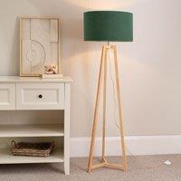 ValueLights Lottie Natural Wood Tripod Floor Lamp with Fabric Drum Shade & LED Bulb in Green