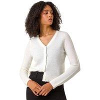 Roman Women's Shimmer V-Neck Ribbed Cardigan in White | Size: 2XL