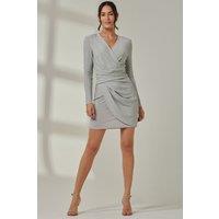 Jolie Moi Women's Metallic Draped Knee Length Dress in Silver | Size: 18