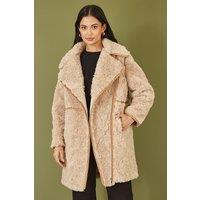 Yumi Women's Brown Textured Borg Long Line Biker Coat | Size: 14