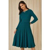 Yumi Women's Teal Knitted Pleated Skater Dress With Notch Neckline | Size: Large