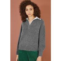 Yumi Women's Grey Knitted Jumper With Collar Detail | Size: Medium/Large
