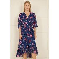 Yumi Women's Navy Floral Kimono Dipped Hem Dress | Size: 16