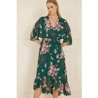Yumi Women's Green Floral Kimono Dipped Hem Dress | Size: 8