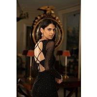 Yumi Women's Black Mesh Bodycon Midi Dress With Tie Back & Diamantes | Size: 16