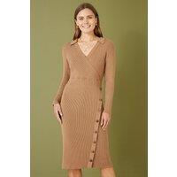 Yumi Women's Brown Knitted Midi Dress With Asymmetric Button Details | Size: Large