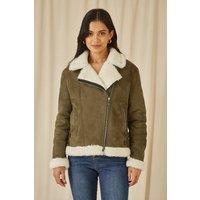 Yumi Women's Green Faux Suede & Shearling Biker Jacket | Size: 16