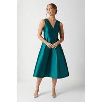 Plunge Neck Structured Twill Midi Bridesmaid Dress