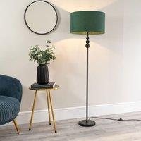 ValueLights Marissa Fabric Drum Shade with Black Stacked Ball Floor Lamp & LED Bulb in Bottle Green