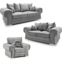 Furnishings For Less UK Milan Fabric 3 Piece Sofa Suite Grey Scatter Back Chesterfield Style