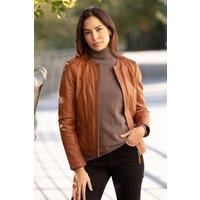 Ashwood Leather Women's 'Liona' Collarless Leather Jacket in Tan | Size: 18