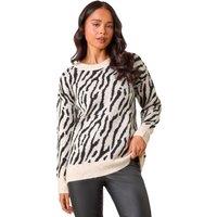 Roman Women's Petite Zebra Print Knitted Jumper in Stone | Size: 18