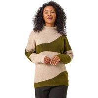 Roman Women's Petite Colour Block Knit Jumper in Khaki | Size: 14