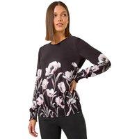 Roman Women's Floral Print Shirred Hem Top in Black | Size: 12