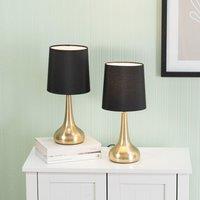 ValueLights Teardrop Pair of Fabric Shades Brushed Gold Bedside Touch Table Lamps in Black