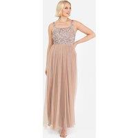 Maya Deluxe Women's Embellished Strappy Maxi Dress in Taupe | Size: 16