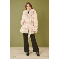 Yumi Women's Cream Luxe Faux Fur Swing Coat With Tie Belt | Size: 16