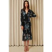 Yumi Women's Floral Print Bodycon Style Long Sleeve Dress in Navy | Size: 16
