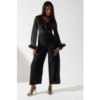 Satin Long Sleeve Jumpsuit With Feather Cuff