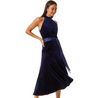 Velvet Halter Neck Ruffle Hem Midi Dress