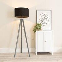 ValueLights Jackson Grey Wood Tripod Floor Lamp with Fabric Lamp Shade in Black