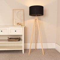 ValueLights Jackson Natural Wood Tripod Floor Lamp with Fabric Lamp Shade & LED Bulb in Black