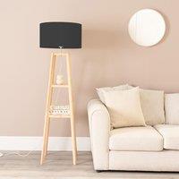 ValueLights Wakefield Quad Base Two Shelf Wooden Floor Lamp with Fabric Shade in Black