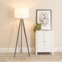 ValueLights Jackson Grey Wood Tripod Floor Lamp with Fabric Lamp Shade & LED Bulb in White