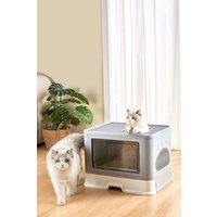 Closed Double Door Gray Cat Litter Box with Lid And Cat Litter Scoop, Odorless and Easy to Install and Clean