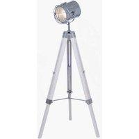 Ruma Tripod Search Light Floor Lamp Silver Metal & White Wash Wood Base