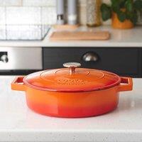 Cooks Professional Cast Iron Casserole Dish 28cm Oven Proof Enamelled Pan with Lid in Orange