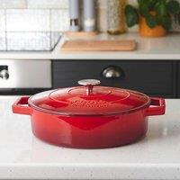 Cooks Professional Cast Iron Casserole Dish 28cm Oven Proof Enamelled Pan with Lid in Red