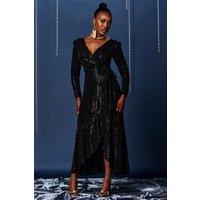 Jolie Moi Women's Sparkly Wrap Frill Hem Maxi Dress in Black | Size: 8