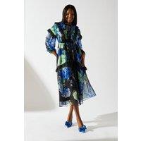 Coast Women's Floral Chiffon Tie Neck Lace Trim Dress | Size: 8